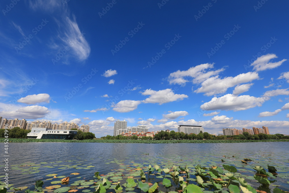 Sunny waterfront urban architectural scenery, North China