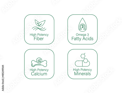 High potency fiber, calcium, minerals, and omega 3 fatty acid icon set vector illustration 