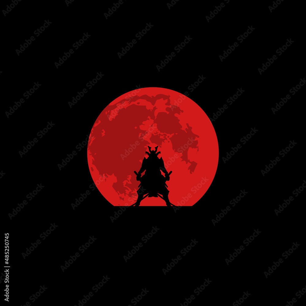 Samurai with katana sword and big blood moon vector design illustration