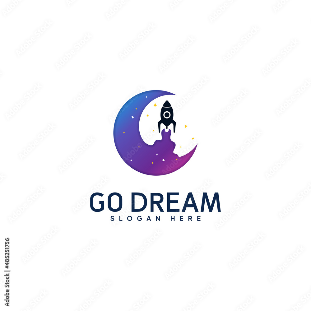 Go Dream logo, icon, vector illustration template. Beautiful color rocket and moon logo.