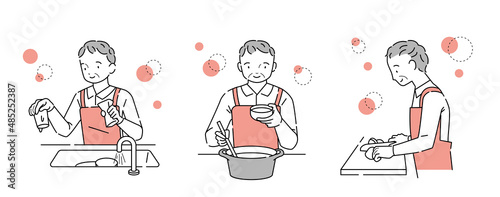 家事　中年男性　切る　注ぐ　洗う