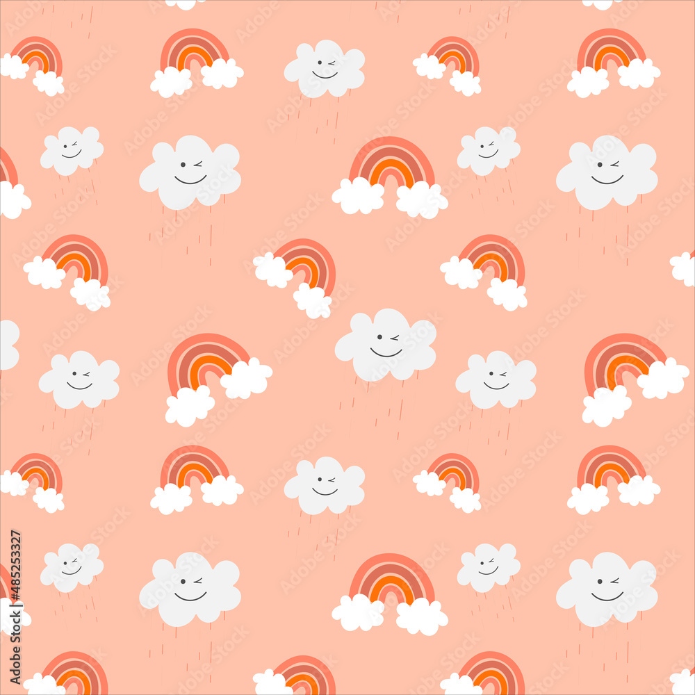Seamless pattern with smiling clouds and ranbows, for kids pattern. Design elements for baby textile or clothes. Hand drawn doodle repeating elements Seamless pattern with smiling clouds and ranbows, for kids pattern. Design elements for baby textile or clothes. Hand drawn doodle repeating elements