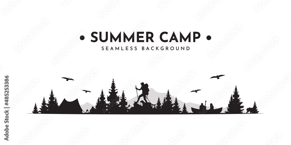 Fototapeta premium Summer camp seamless vector illustration background. Outdoor adventure seamless scene with mountain, campfire, man and girl with guitar in canoe