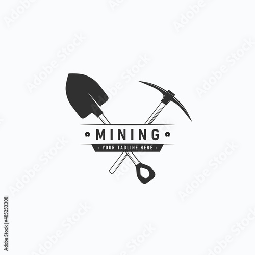 Vintage Mining Tech with Shovel and Pickaxe Logo Vector Design Illustration, Traditional Carpentry Concept