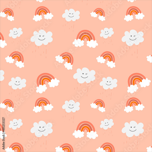 Seamless pattern with smiling clouds and ranbows  for kids pattern. Design elements for baby textile or clothes. Hand drawn doodle repeating elements