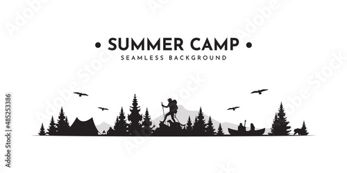 Summer camp seamless vector illustration background. Outdoor adventure seamless scene with mountain  campfire  man and girl with guitar in canoe