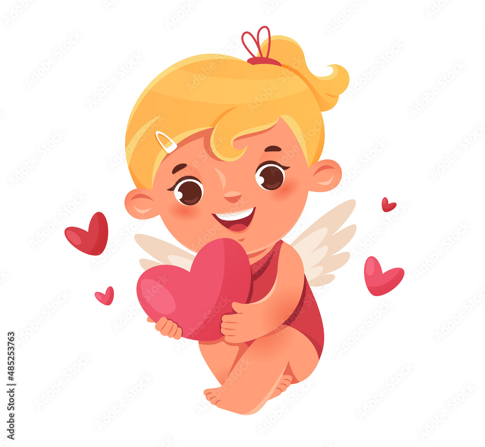 Obraz premium Funny cupid, little angels or amur. Cute girl cupid holding a pink heart. Romantic flat character.