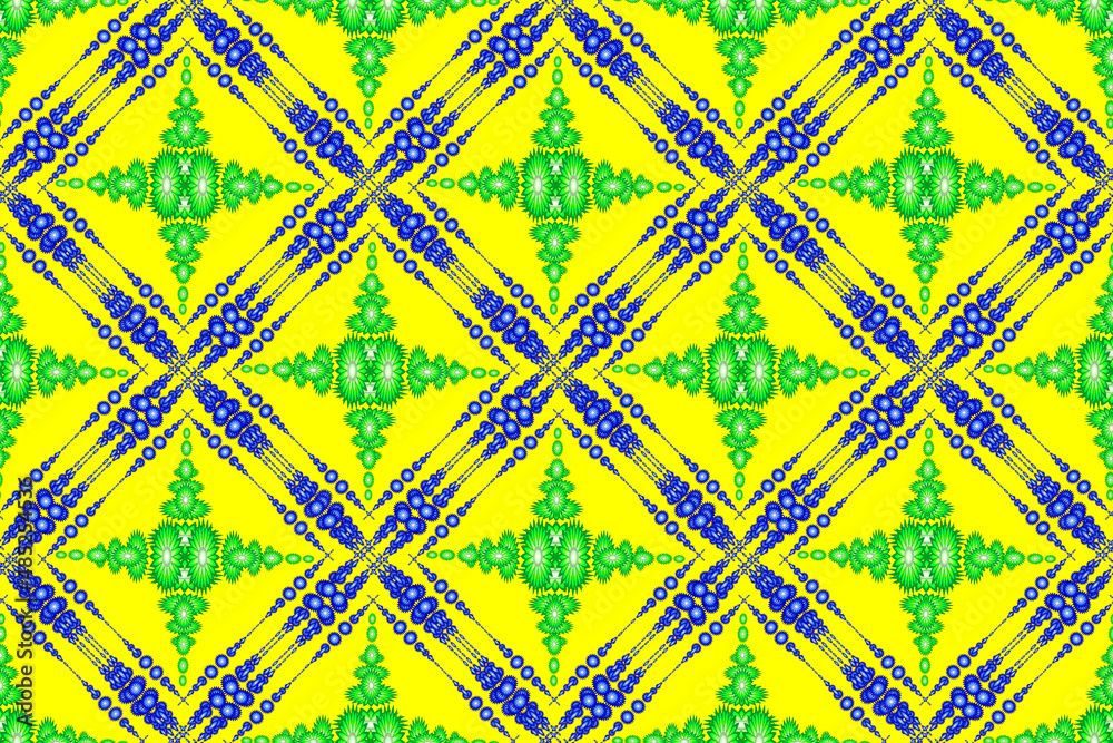 floral pattern, ethnic geometry blue green floral seamless pattern, seamless pattern for curtain design, carpet, wallpaper, clothing, wrap, batik, yellow background fabric pattern