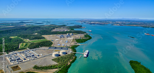 Aerial view of liquified natural gas plant and LNG ship on Curtis Island, Queensland photo