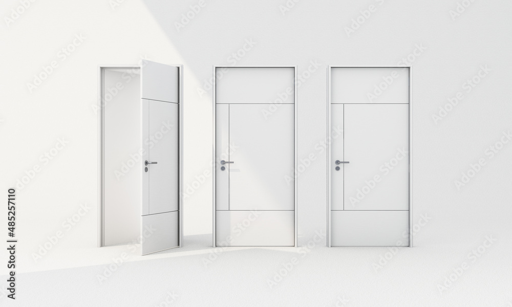 Closed white door and open on white background with sunlight shade and shadow. 3d render Closed white door and open on white background with sunlight shade and shadow. 3d render
