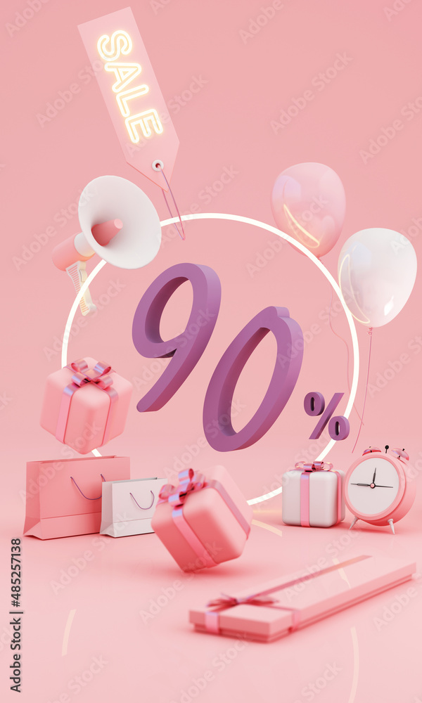Great discount banner design with SALE 90% text phrase on purple and pink background with gift box, shopping cart bag and alarm clock elements megaphone with product stand 3d rendering vertical frame Great discount banner design with SALE 90% text phrase on purple and pink background with gift box, shopping cart bag and alarm clock elements megaphone with product stand 3d rendering vertical frame