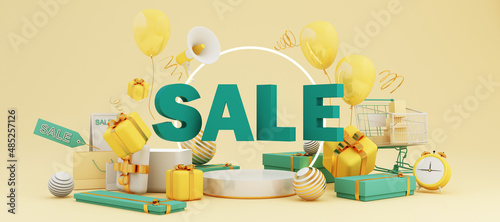 Great discount banner design with SALE text phrase on green and yellow background with gift box, shopping cart bag and alarm clock elements megaphone with product stand 3d rendering photo