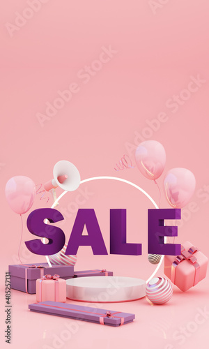 Great discount banner design with SALE text phrase on purple and pink background with gift box, shopping cart bag and alarm clock elements megaphone with product stand 3d rendering vertical frame photo