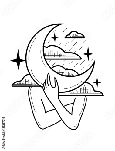 Vector illustration of human arms with the moon insteadof a head, stars and clouds