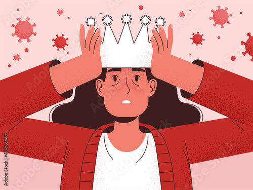 Sick woman puts on the head of the crown against the background of flying coronair molecules. Coronary contamination concept.