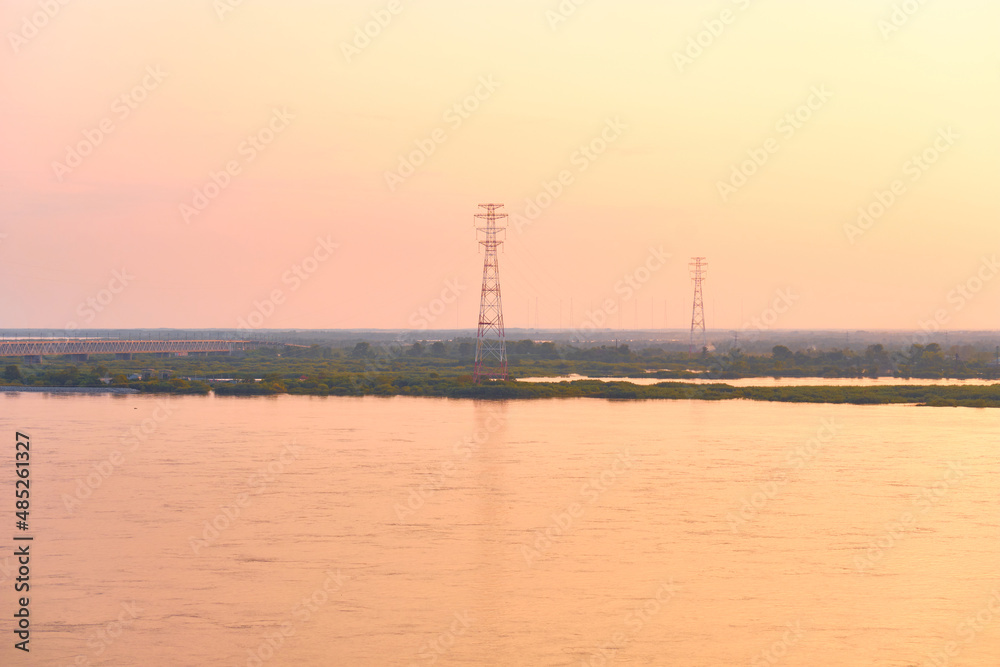 Sunset on the Amur river embankment in Khabarovsk, Russia.