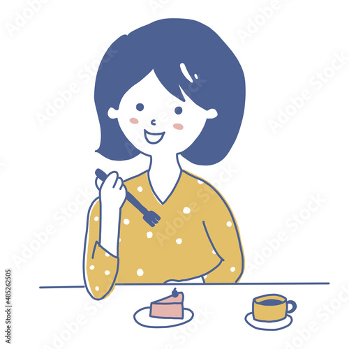 女性　食べる　ケーキ　おやつタイム