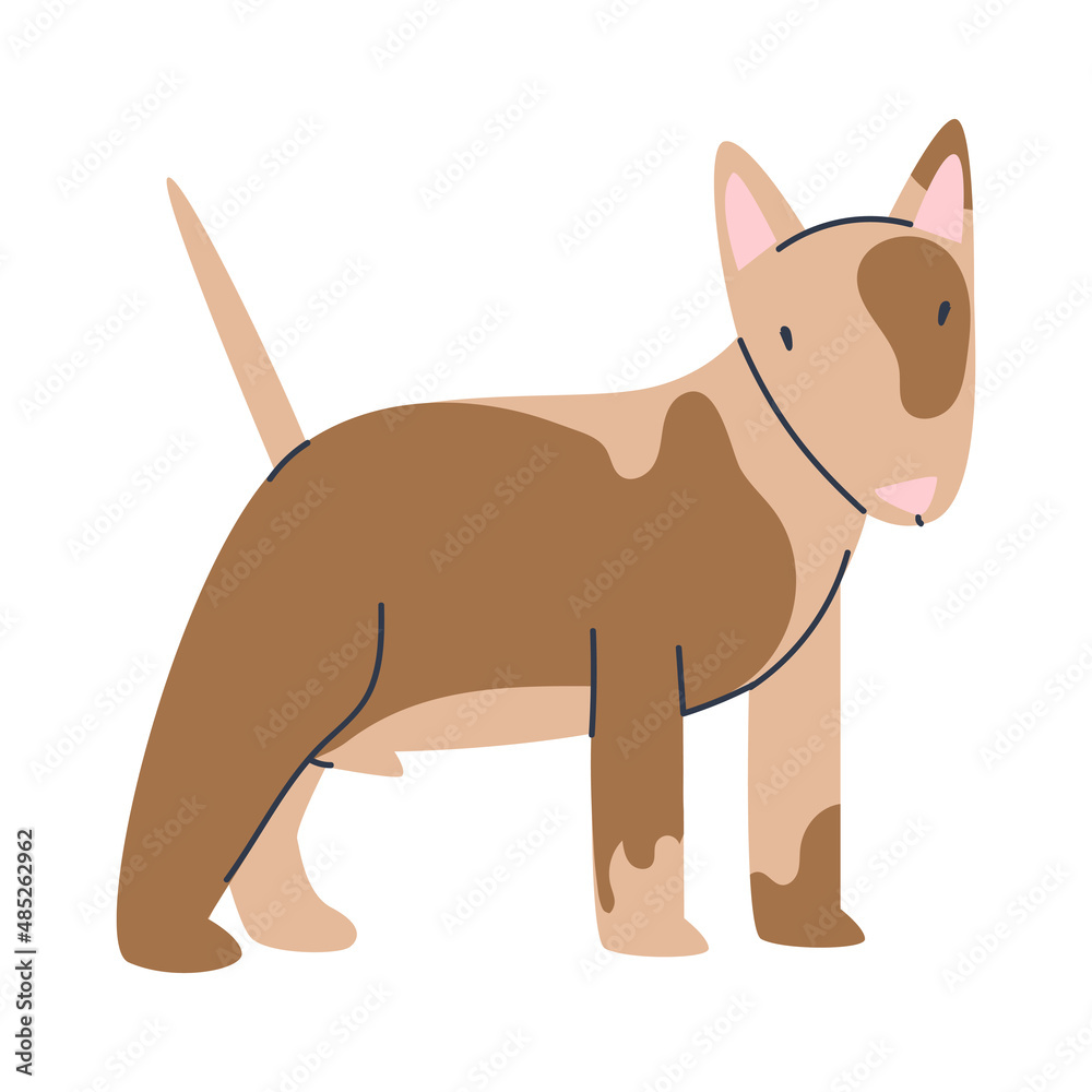 A puppy dog ​​with a spot on its muzzle stands and smiles. Cute pets isolated on white background. Flat vector illustration.