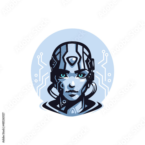 Portrait of a woman androd robot. Technolines. Glowing eyes.