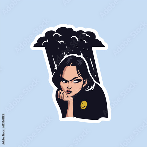 An angry girl with an emoji on her chest. Above her hangs a cloud of lightning and rain coming from it. Sticker. Emoji
