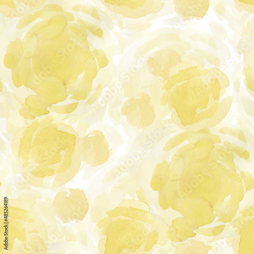 Watercolor seamless pattern with warm yellow watercolor stains, glowing balls of light on white background.