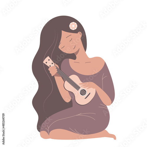 Beautiful cartoon woman sitting and playing ukulele.