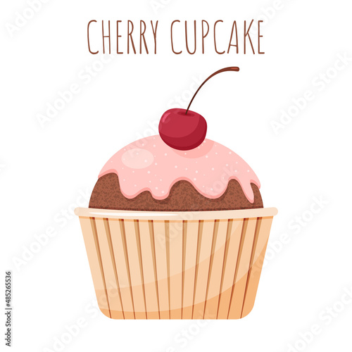 Delicious cupcake with white cream with cherry on the top. Cute dessert isolated on a white background