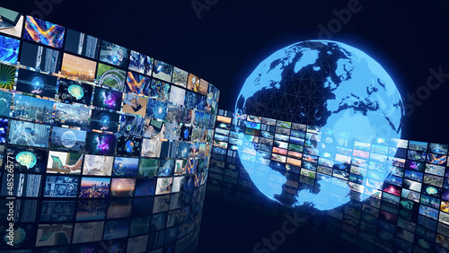 Movie screen and global communication network concept. Broadcasting. photo
