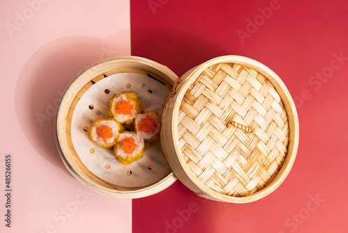 There is dim sum in the steamer.