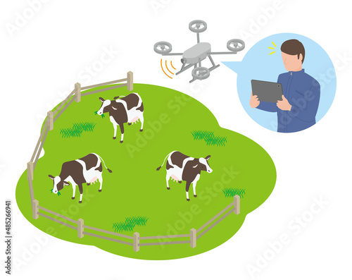 牧場の家畜（牛）を監視するドローンと人物