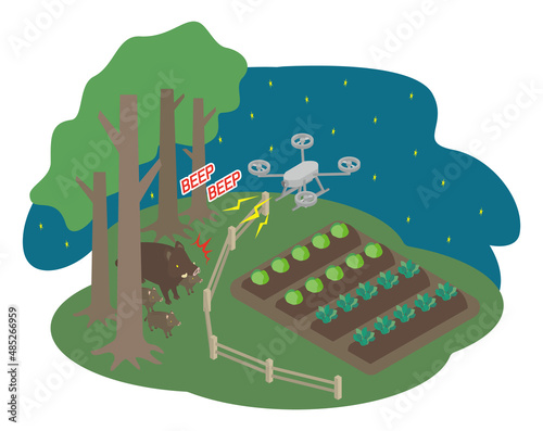 害獣を撃退して農作物を守るドローン（夜）