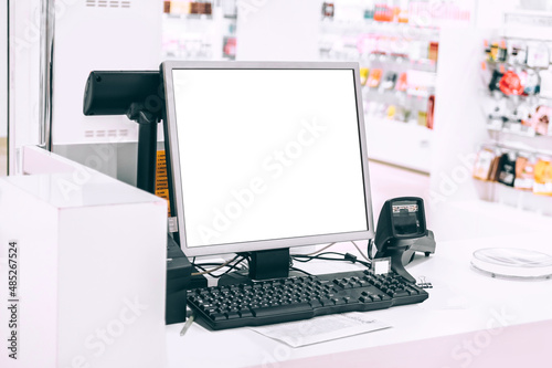 Close-up, mockup of a white checkout monitor in a supermarket. Product promotion concepts.