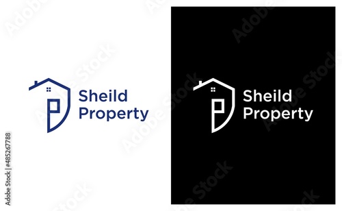 Sheild and letter P House Home Logo Design Stock Vector template. on a black and white background. photo