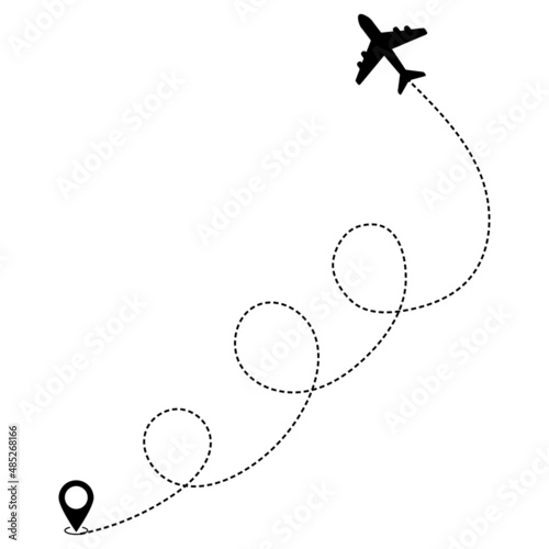 Plane route vector icon illustration. Airplane path on map. Jet way isolated white background. Route from airport to destination. Love to travel concept.