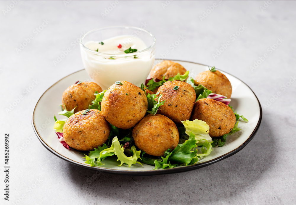 Vegetarian chickpeas falafel balls with fresh green salad. Traditional Middle Eastern and arabian food. Vegetarian chickpeas falafel balls with fresh green salad. Traditional Middle Eastern and arabian food.