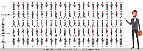 Walking animation of businessman,Character Walk Cycle Animation Sequence. Frame by frame animation sprite sheet.Man walking sequences of Front, side, back, front three fourth and back three fourth.