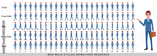 Walking animation of businessman,Character Walk Cycle Animation Sequence. Frame by frame animation sprite sheet.Man walking sequences of Front, side, back, front three fourth and back three fourth.