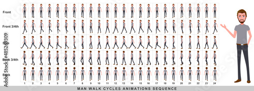 Walking animation of businessman,Character Walk Cycle Animation Sequence. Frame by frame animation sprite sheet.Man walking sequences of Front, side, back, front three fourth and back three fourth. photo