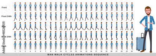 Walking animation of businessman,Character Walk Cycle Animation Sequence. Frame by frame animation sprite sheet.Man walking sequences of Front, side, back, front three fourth and back three fourth.