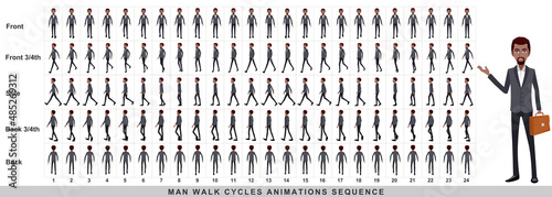 Walking animation of businessman,Character Walk Cycle Animation Sequence. Frame by frame animation sprite sheet.Man walking sequences of Front, side, back, front three fourth and back three fourth.