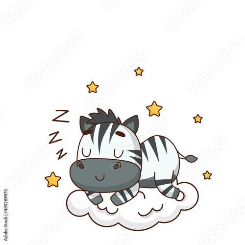 Zebra sleeping with Zzz sound on a cloud near a stars. Vector illustration for designs, prints and patterns. Isolated on white background