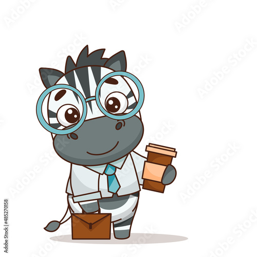 Zebra in glasses, a suit with a tie holds a paper cup of coffee and a briefcase in his hands. Vector illustration for designs, prints and patterns. Isolated on white background