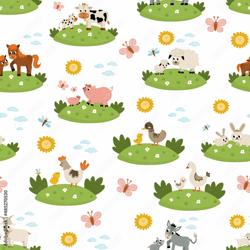 Vector seamless pattern with farm animal scenes. Repeat background with cow, horse, goat, sheep, duck, hen, pig and their babies. Cute country mother and baby digital paper. Vector seamless pattern with farm animal scenes. Repeat background with cow, horse, goat, sheep, duck, hen, pig and their babies. Cute country mother and baby digital paper.