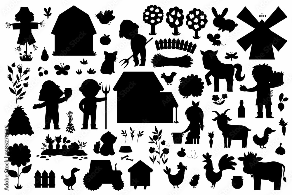Vector farm silhouettes set. Rural black icons collection with funny ...