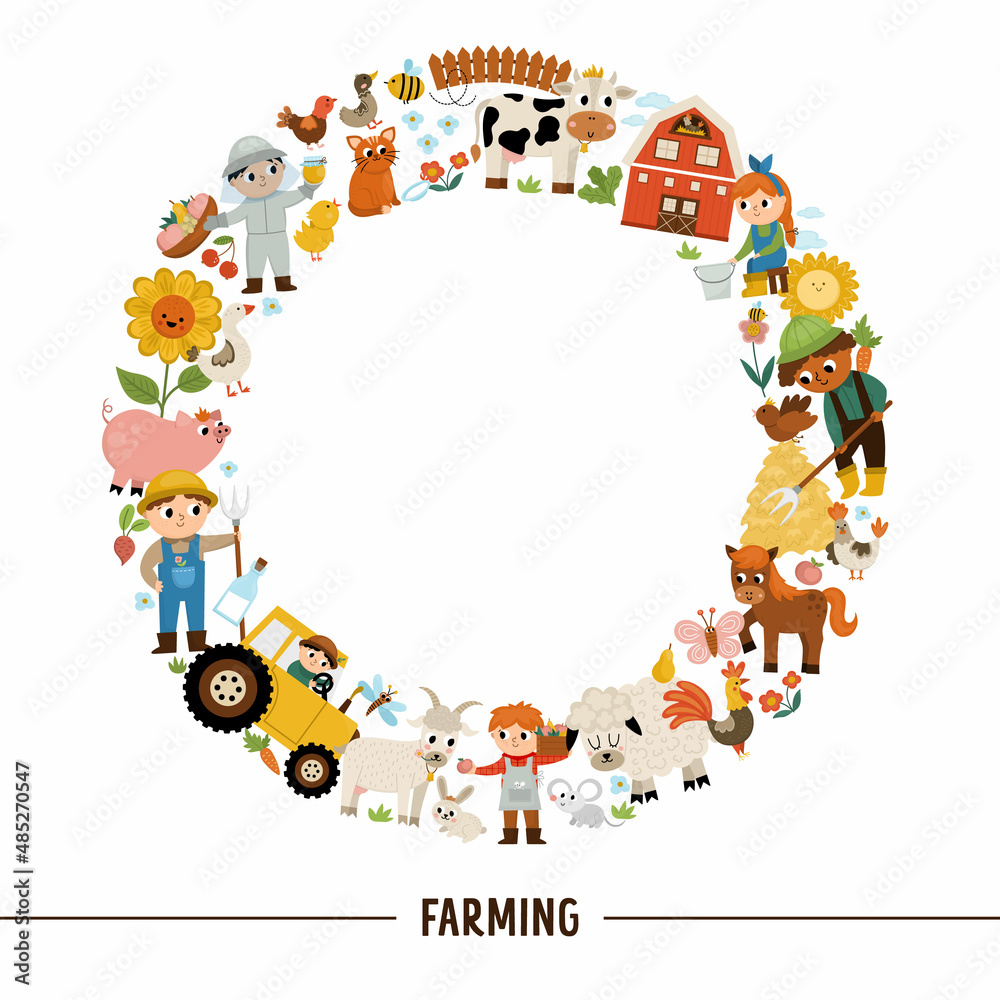 Vector farm round frame with farmers and animals. Rural country card template or local market design for banners, invitations. Cute countryside wreath illustration with barn, cow, tractor, pig, hen. Vector farm round frame with farmers and animals. Rural country card template or local market design for banners, invitations. Cute countryside wreath illustration with barn, cow, tractor, pig, hen.