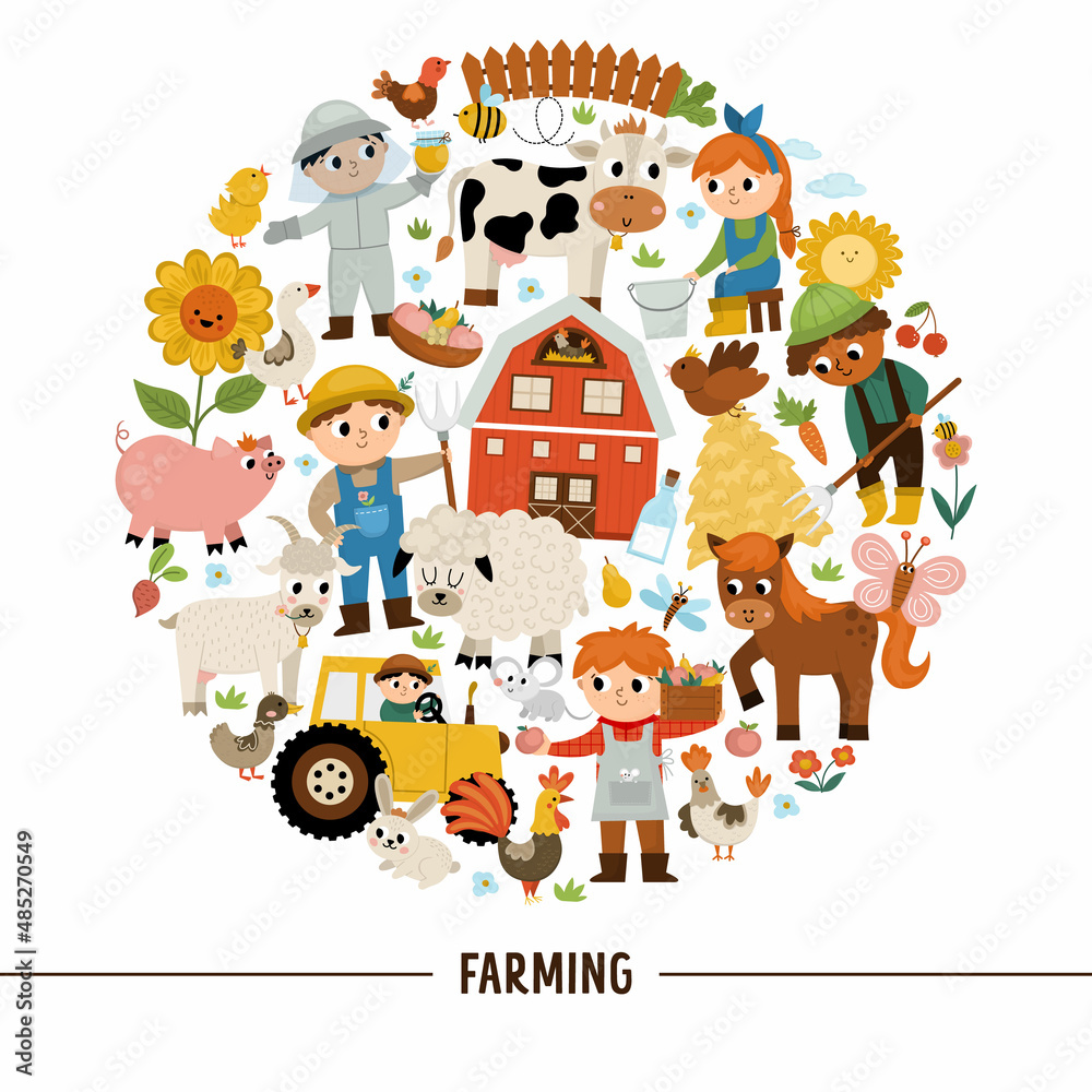 Fototapeta premium Vector farm round frame with farmers and animals. Rural country card template or local market design for banners, invitations. Cute countryside illustration with barn, cow, tractor, pig, hen, flower.