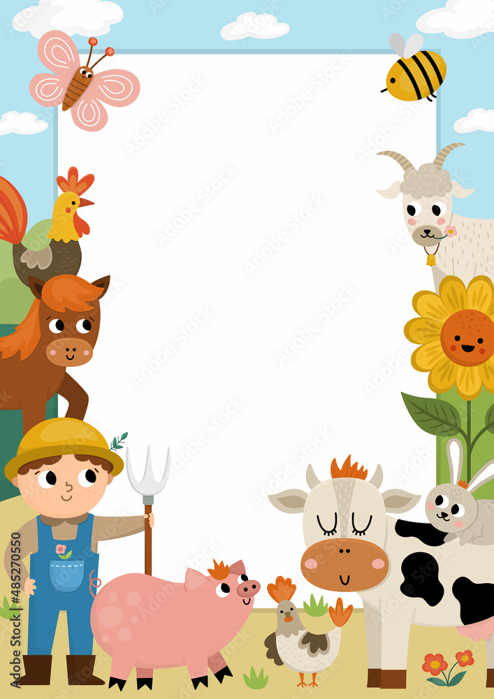 Farm party greeting card template with cute farmer, rural landscape and animals. Countryside poster or invitation for kids. Bright country holiday illustration with cow, hen, horse and place for text Farm party greeting card template with cute farmer, rural landscape and animals. Countryside poster or invitation for kids. Bright country holiday illustration with cow, hen, horse and place for text