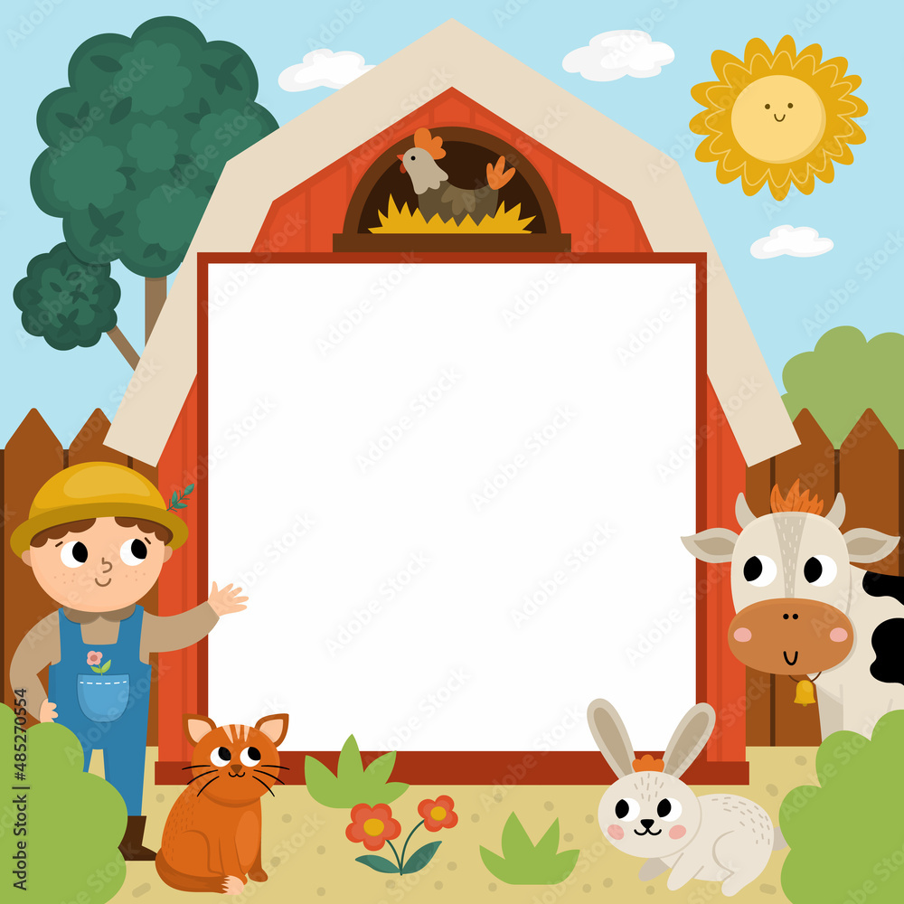Farm party greeting card template with cute farmer, rural landscape and ...