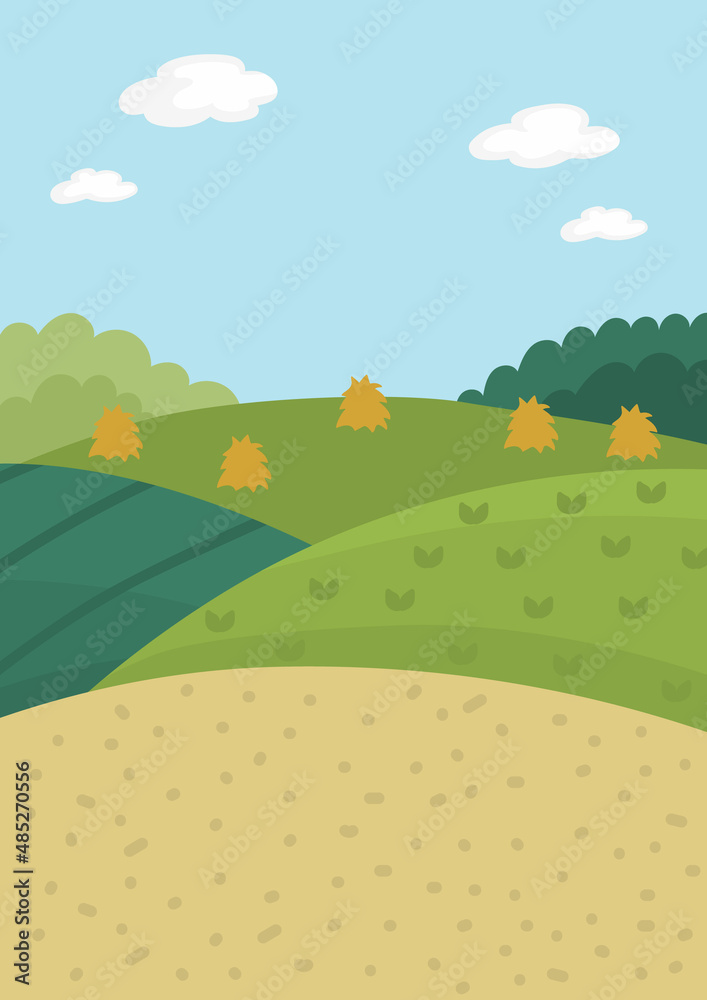 Vector farm landscape illustration. Rural village scene with hills, forest, hay stack. Cute spring or summer vertical nature background. Country field picture for kids.