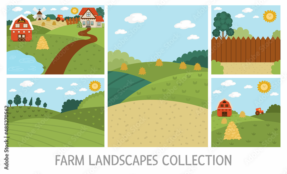 Vector farm landscapes set. Rural village scenes collection. Cute spring or summer vertical nature backgrounds pack. Country field illustrations with hills, forest, hay, barn, tractor.